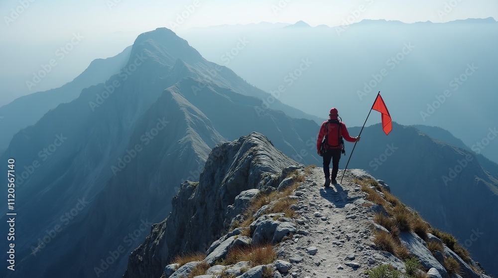 mountain climber following path to flag on top of mountain mountain climber following path to flag on top of mountain