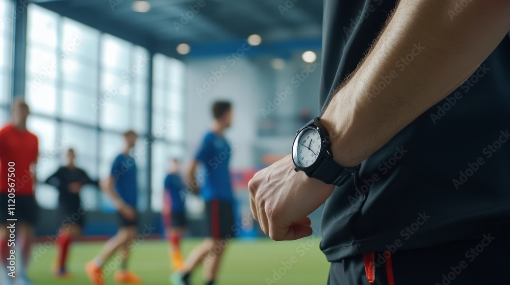 Fototapeta premium Coach holding a stopwatch, team players stretching in the background, soccer training atmosphere generative ai