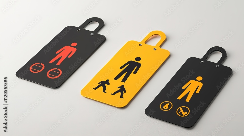 Fototapeta premium Three signs indicate restroom statuses: occupied, available, and under maintenance, using colors and symbols for clarity.