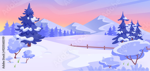 Snow-covered trees and hills under a colorful sunset sky, mountains in the background, serene winter landscape. Vector illustration