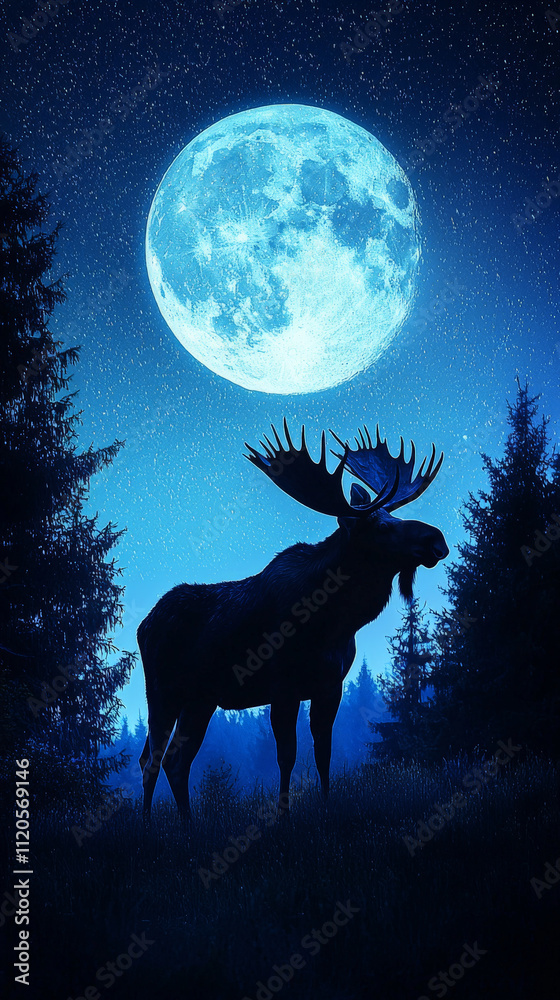 Naklejka premium Majestic moose silhouette under bright moon in serene forest