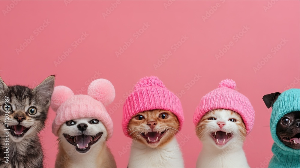 Fototapeta premium Smiling cats and dogs in colorful hats on pink background, expressing joy and style, concept of cute portraits