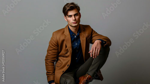 Full-length of a young man holding a blazer while sitting on a chair against gray.