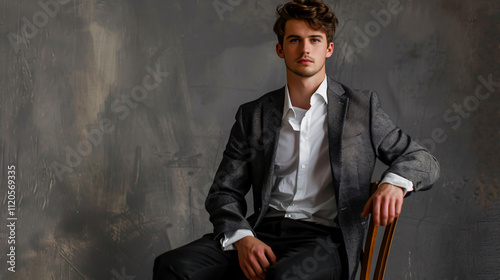 Full-length of a young man holding a blazer while sitting on a chair against gray.