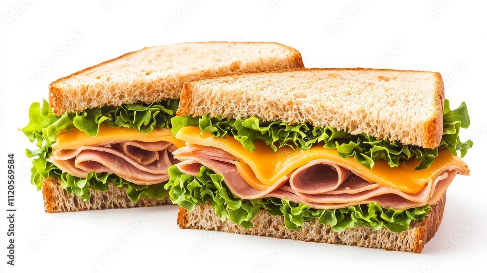 Classic ham and cheese sandwich, toasted to golden perfection, sliced diagonally with cheese oozing out, isolated on bright white background Classic ham and cheese sandwich, toasted to golden perfection, sliced diagonally with cheese oozing out, isolated on bright white background