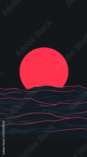 vibrant red sun sets over dark, wavy ocean waters, creating striking contrast photo