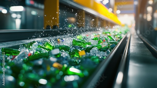 A close up view of a plastic recycling plant conveyor belt with a stream of crushed plastic bottles. The process of recycling plastic waste for environmental sustainability. photo