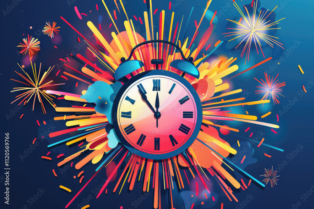 Fototapeta premium Retro alarm clock with colorful fireworks in the background, bri