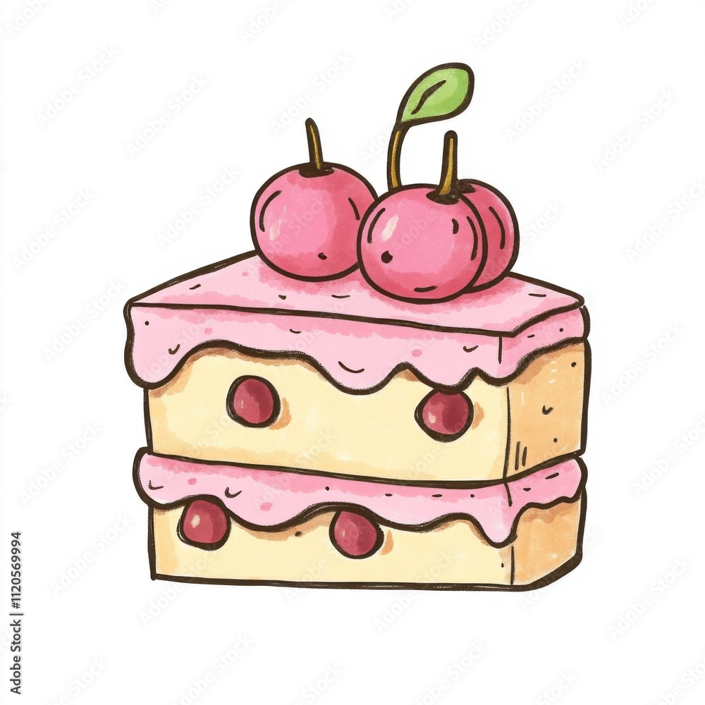 Delicious cartoon cake with cherry toppings and icing on white background for desserts and celebrations Delicious cartoon cake with cherry toppings and icing on white background for desserts and celebrations