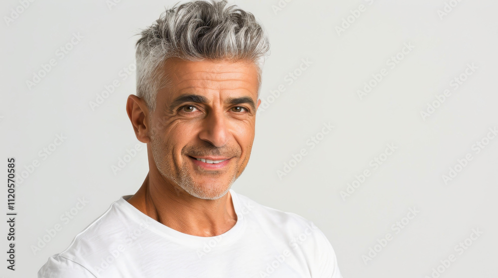 A relaxed middleaged Arab man in a white tshirt exudes confidence with a natural smile in a serene profile pose. A relaxed middleaged Arab man in a white tshirt exudes confidence with a natural smile in a serene profile pose.