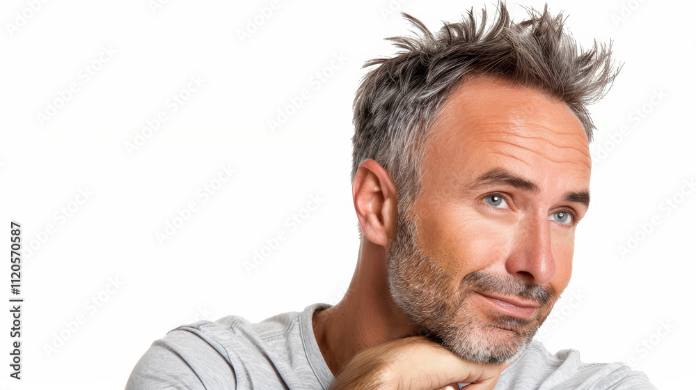 Fototapeta premium A charming greyhaired man in a casual tee exudes confidence with a natural smile and relaxed profile pose against a white backdrop.