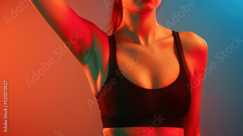 Experience the strength and power in a vibrant, darktoned photo showcasing the toned arms of a fit young woman. photo