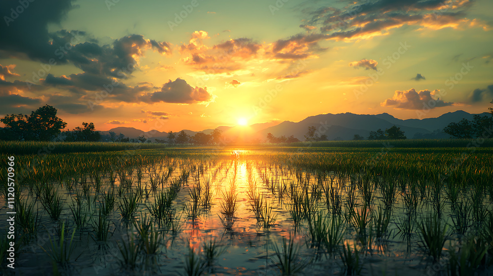 Golden Sunset over Rice Paddy Field Scenic Landscape Golden Sunset over Rice Paddy Field Scenic Landscape