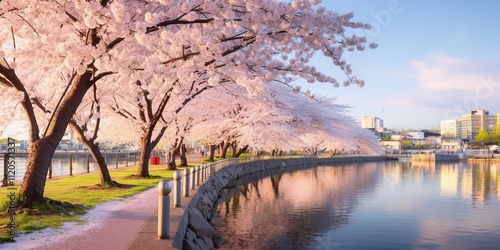 A beautiful cherry blossom tree lined walkway with a river running through it photo