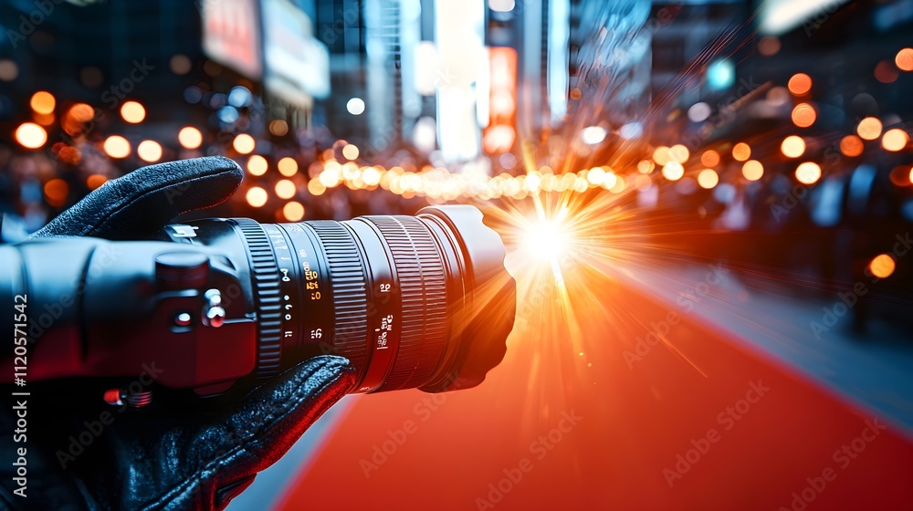 Glamorous red carpet event on a busy city street, flashing paparazzi ...
