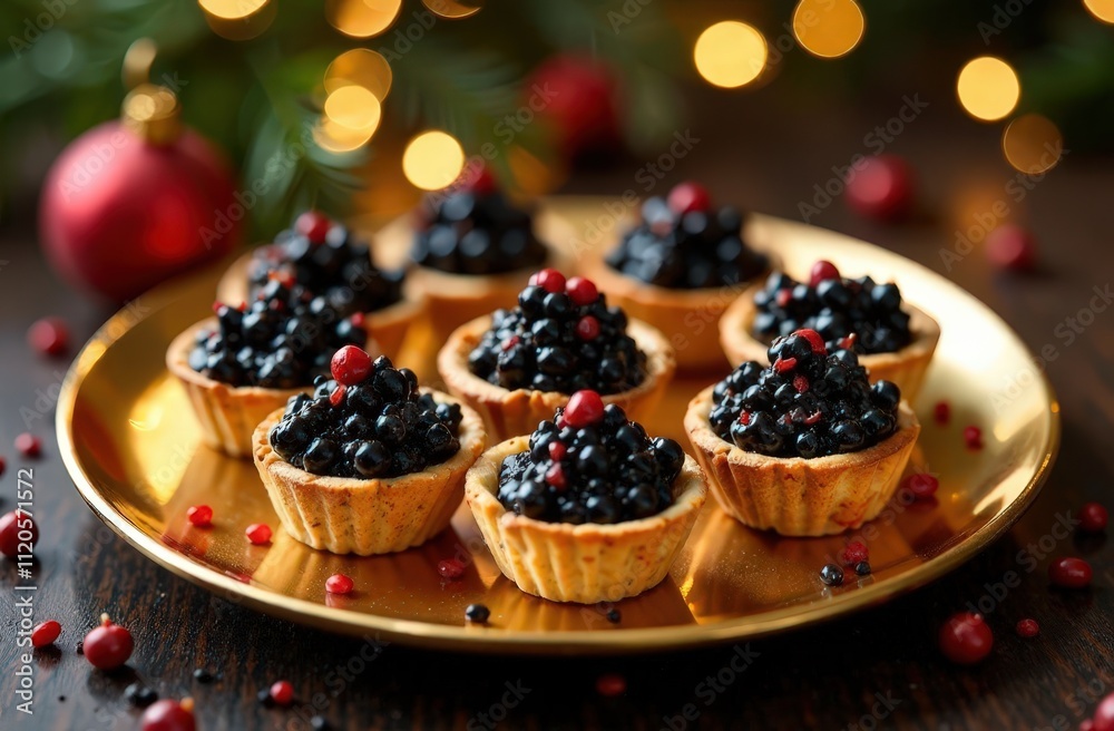 Christmas table black caviar laid out on small tartlets on a golden plate Christmas table black caviar laid out on small tartlets on a golden plate