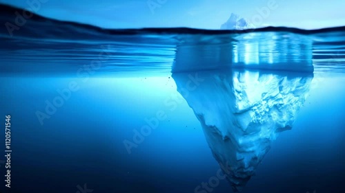 Iceberg in the ocean showing underwater and above-water parts: aesthetic view of nature's massive frozen formation
