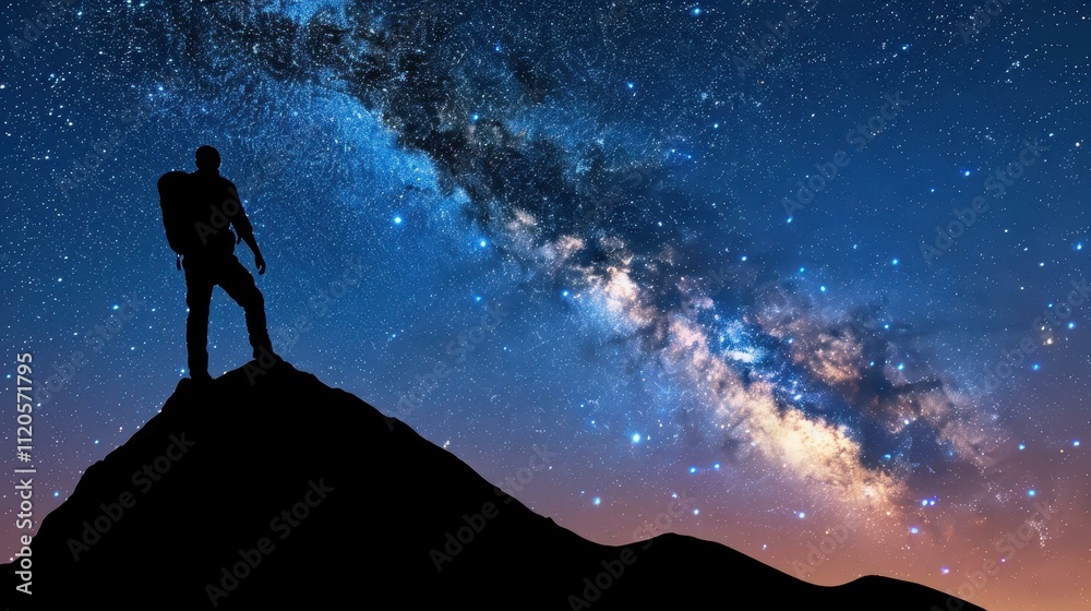 Fototapeta premium A lone figure gazes up at the vast Milky Way, surrounded by a sea of stars on a tranquil night.