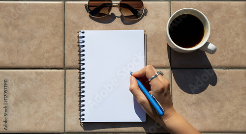 Top down view of workspace environment dispicting a hand holding a pen as if writing on a  blank notebook with a cup of coffee and sunglasses near by