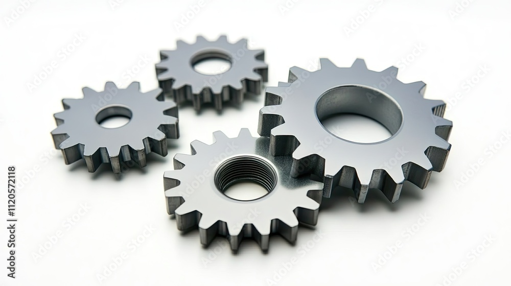 Four metallic gears interlocked on white background. Four metallic gears interlocked on white background.