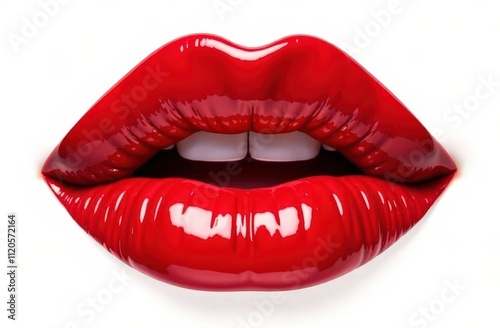 Close-up of glossy red lips isolated on white background. Concept of beauty, glamour, and sensuality.