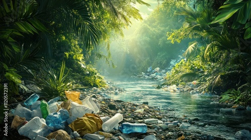 PLASTIC POLLUTION in the jungle. Dirty plastic bottles and bags on a garbage. Ocean pollution, plastic in water. Pollution and recycle eco concept. Background photo