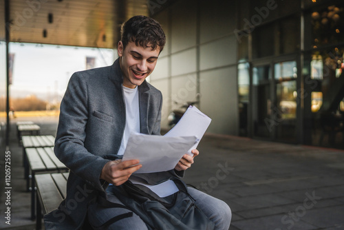 young man student sit on bench and read documents and notes