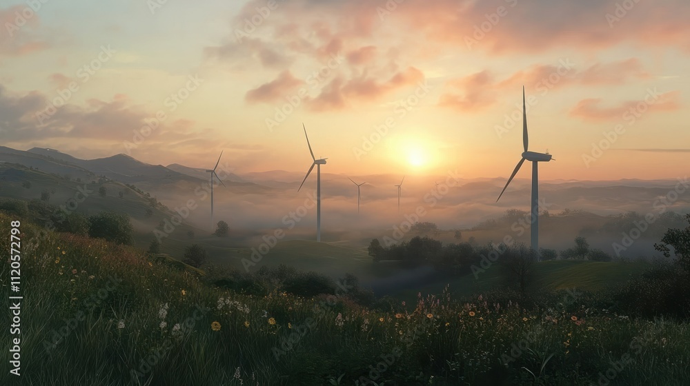 Obraz premium Scenic view of wind turbines at sunrise, surrounded by misty hills, showcasing renewable energy and nature's beauty.