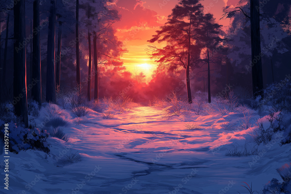 Illustration of an anime-style sunset in a winter forest. There is snow on the ground and a path through it. Illustration of an anime-style sunset in a winter forest. There is snow on the ground and a path through it.