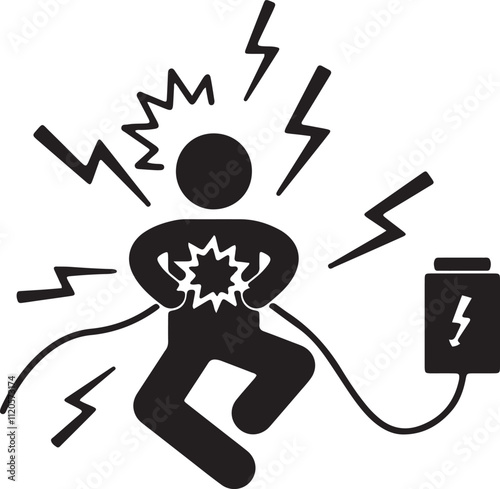 Illustration of an icon showing a stickman being electrocuted by an electrical cable, with lightning bolt symbols to represent the hazard