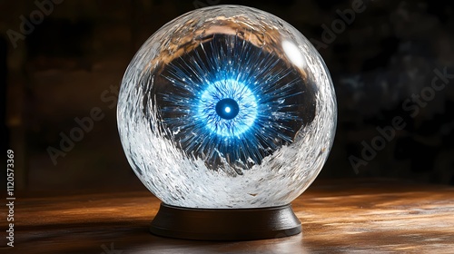 Glowing blue eye within a mystical crystal ball radiates enchanting energy in a dimly lit room filled with mystery