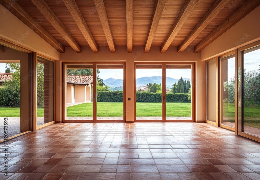 Empty room with terracotta tile floor, wooden beams, and large windows overlooking a garden. Empty room with terracotta tile floor, wooden beams, and large windows overlooking a garden.