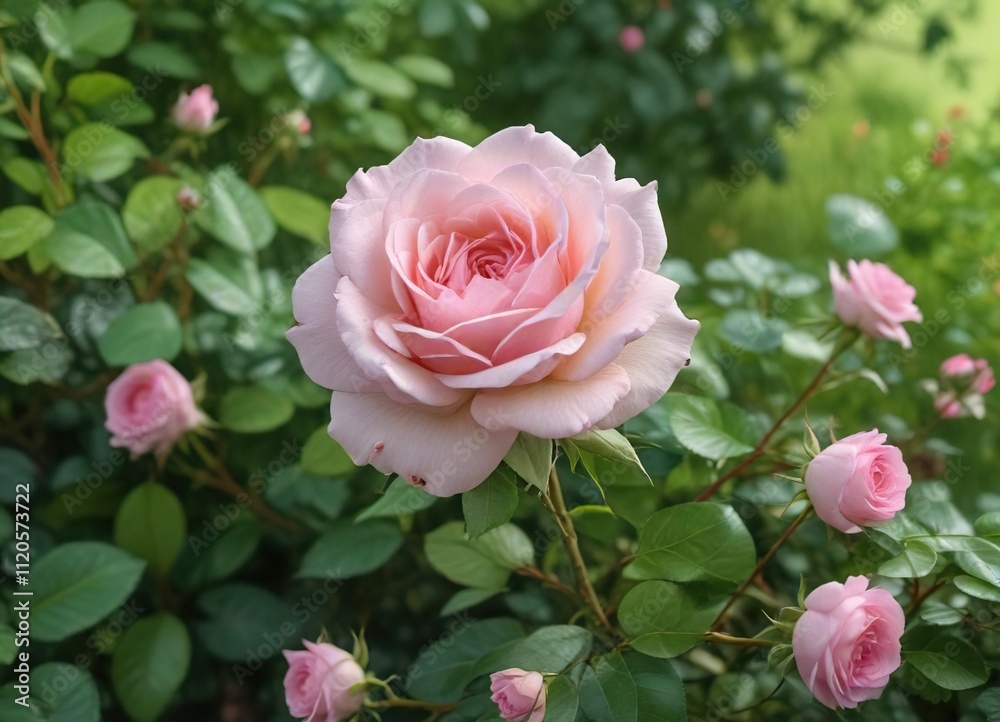 A delicate pink rose blooms among clusters of green leaves and twigs in a picturesque meadow, nature, twigs A delicate pink rose blooms among clusters of green leaves and twigs in a picturesque meadow, nature, twigs