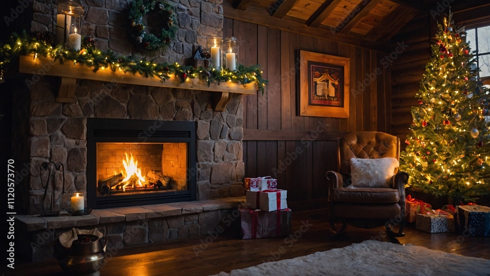 A glowing fireplace surrounded by rustic wooden walls, a beautifully decorated Christmas tree, and festive ornaments in a cozy holiday setting A glowing fireplace surrounded by rustic wooden walls, a beautifully decorated Christmas tree, and festive ornaments in a cozy holiday setting
