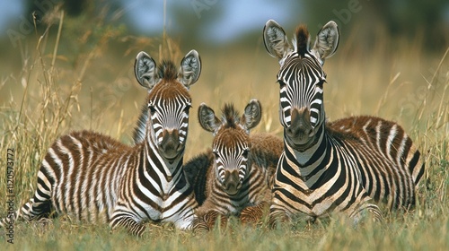A family of Burchell's zebras lounges together in the sunlit grasslands. The playful foal rests between its protective parents, exhibiting the iconic striped patterns
