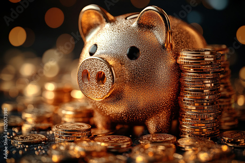 A piggy bank surrounded by a protective fence made of stacked gold coins, symbolizing financial fortification, financial concept.