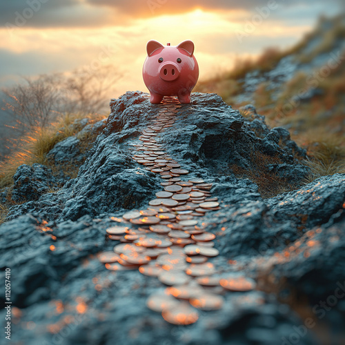 A pink piggy bank perched on top of a mountain, with a long winding path of coins leading to it, symbolizing the journey to financial security, financial concept.