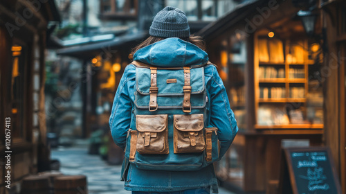 Woman exploring rustic village street in winter with backpack