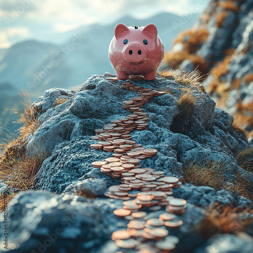 A pink piggy bank perched on top of a mountain, with a long winding path of coins leading to it, symbolizing the journey to financial security, financial concept.