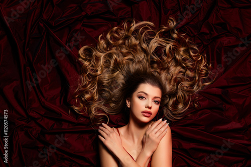 Tableau sur toile Top view photo of attractive stunning tender lady hug herself isolated on red fa