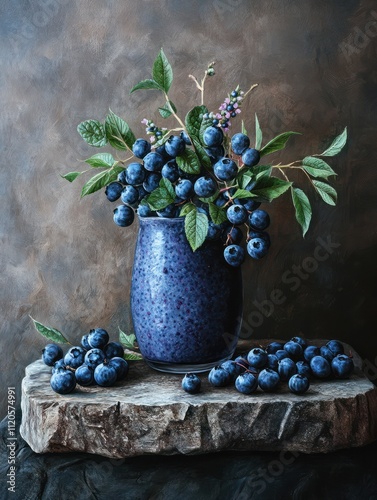 Blueberry smoothie with blueberries and mint on rustic stone board. Clean eating concept, healthy snack. photo