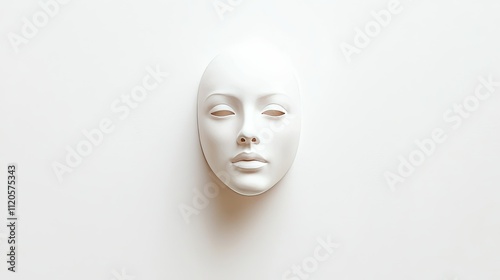A minimalist white mask displayed against a plain background, emphasizing form and expression.