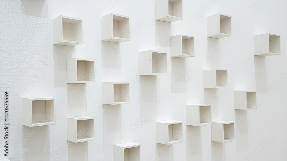 A minimalist wall featuring variously sized white cubical shelves for display or storage. A minimalist wall featuring variously sized white cubical shelves for display or storage.