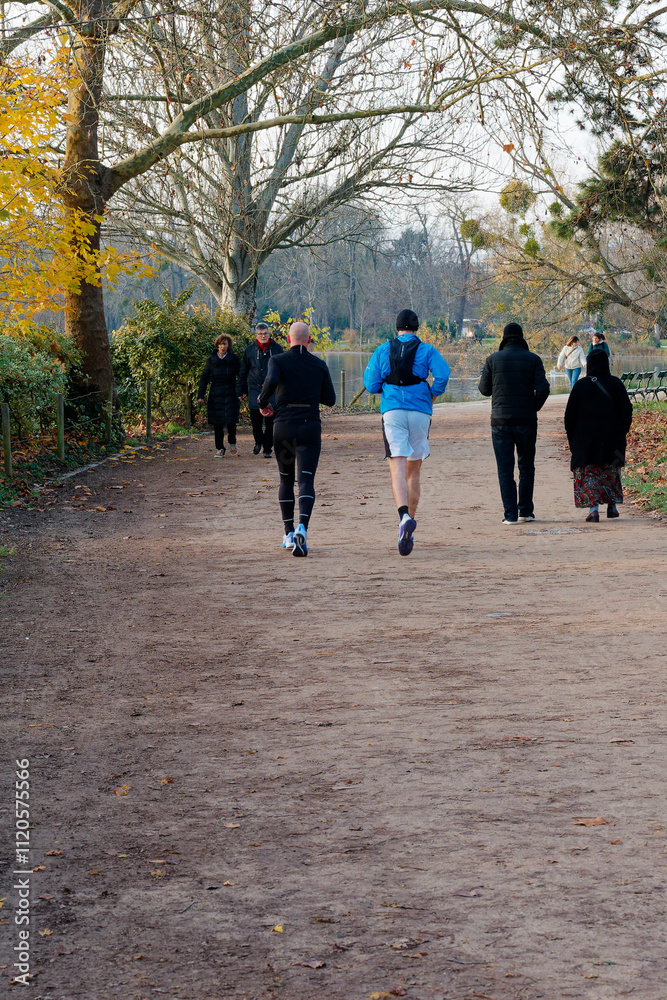 Obraz premium People jogging and walking in Bois de Vincennes park in Paris during a sunny day in autumn