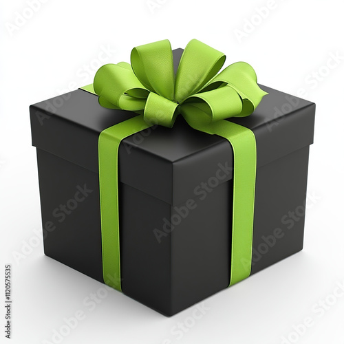 Black Gift Box with Green Ribbon on White Background