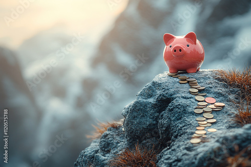 A pink piggy bank perched on top of a mountain, with a long winding path of coins leading to it, symbolizing the journey to financial security, financial concept.