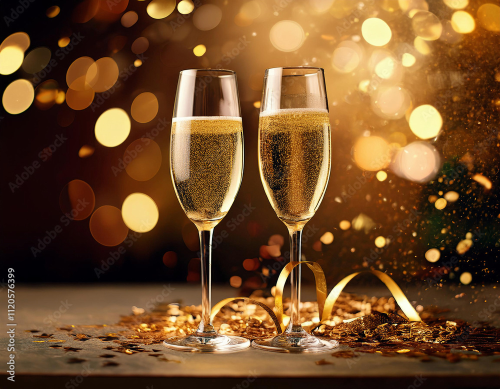 Two champagne flutes stand elegantly on a wooden surface with golden ribbons and bokeh lights creating a festive celebration atmosphere. Two champagne flutes stand elegantly on a wooden surface with golden ribbons and bokeh lights creating a festive celebration atmosphere.