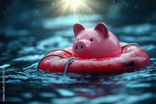 A pink piggy bank resting on a life raft in a stormy sea, with rays of sunlight breaking through the clouds, symbolizing savings through tough times, financial concept.