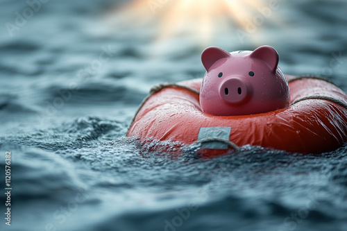 A pink piggy bank resting on a life raft in a stormy sea, with rays of sunlight breaking through the clouds, symbolizing savings through tough times, financial concept.