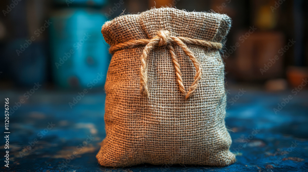 Burlap sack with rope on rustic background Burlap sack with rope on rustic background